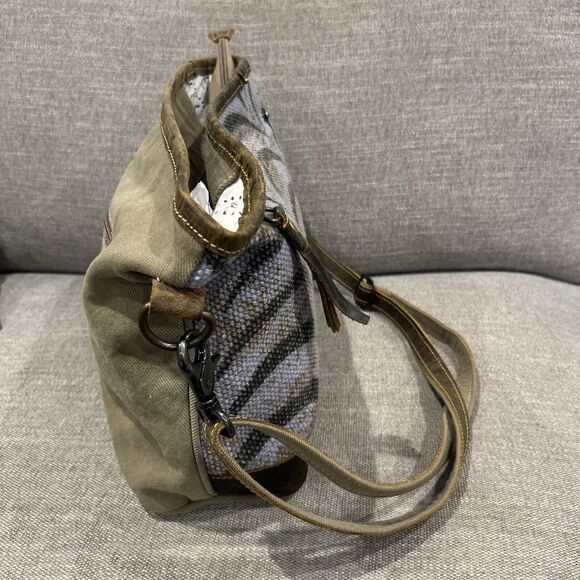 Myra Bag Messenger Cotton Leather Green Brown Blue Pockets Hand Bag Purse - Picture 5 of 9